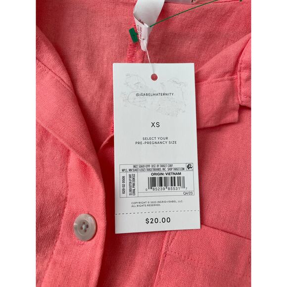 NWT - Isabel Maternity Short Sleeve Shirt Size XS Linen Pink Button Down Spring - Picture 5 of 6